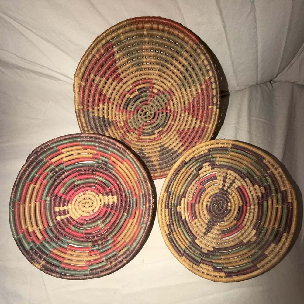 Vintage Hand Woven Coil Basket Set of 3 Colorful Geometric Pattern